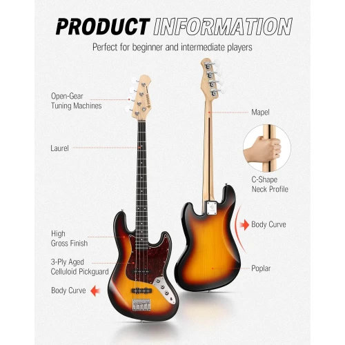 Donner DJB-510D JB-Style Bas Gitar (Sunburst) 5