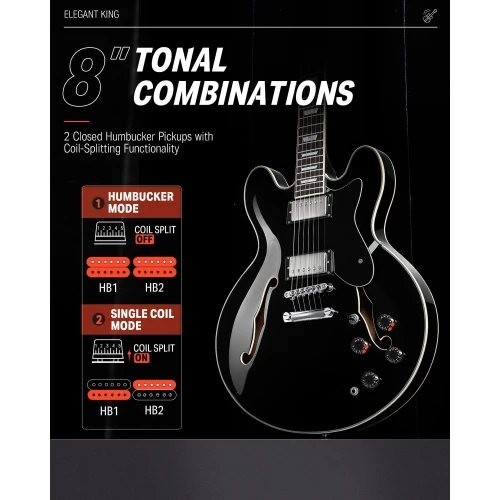 Donner DJP-1000 Semi-Hollow Elektro Gitar (Siyah) 4