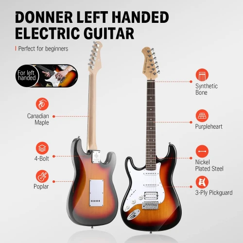 Donner DST-100SL Solak Elektro Gitar Seti (Sunburst) 3