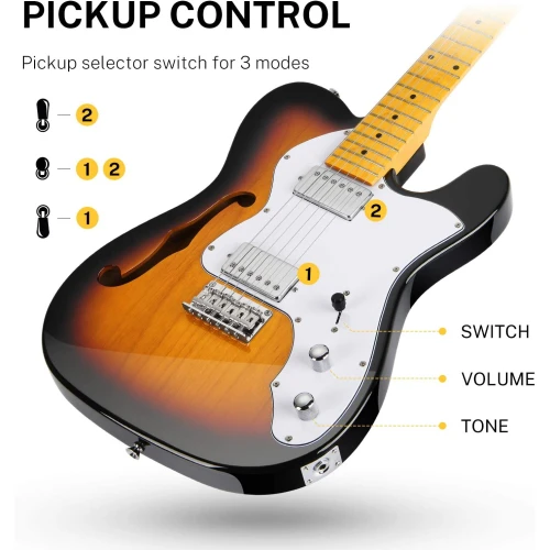 Donner DJC-1000S TL Thinline F Hole Elektro Gitar Paketi (Sunburst) 3
