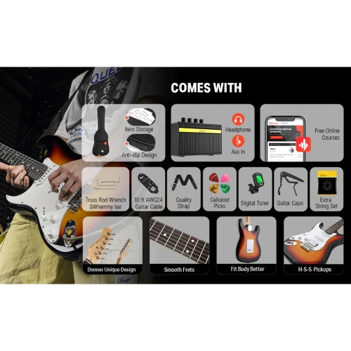 Donner DST-100SL Solak Elektro Gitar Seti (Sunburst) 6
