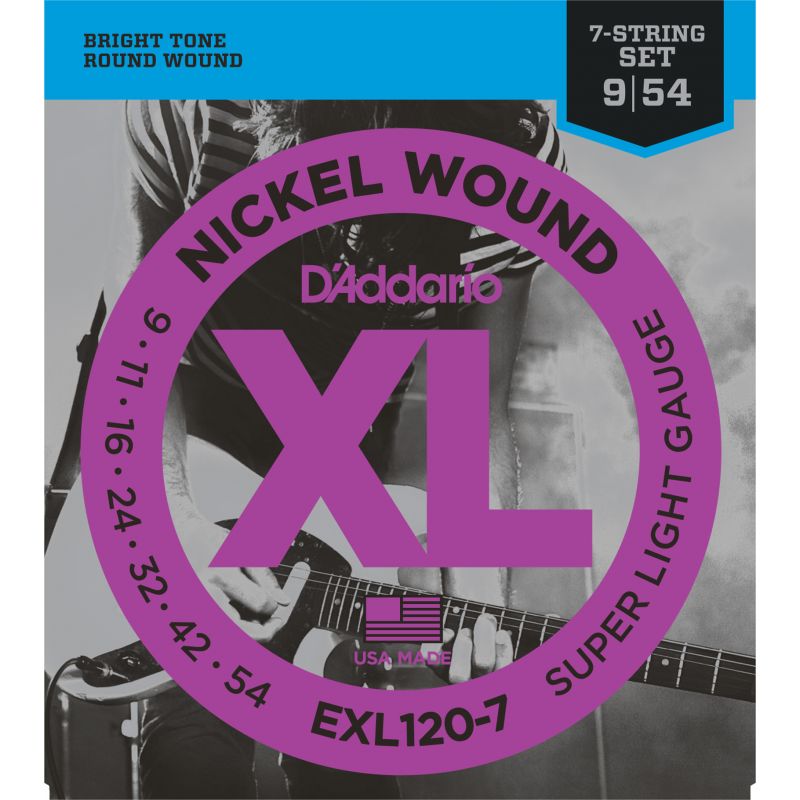 D'Addario EXL120-7 Nickel Wound, 7-String, Super Light, 9-54 Takım Tel Elekro gitar teli 7 telli 009-054 1
