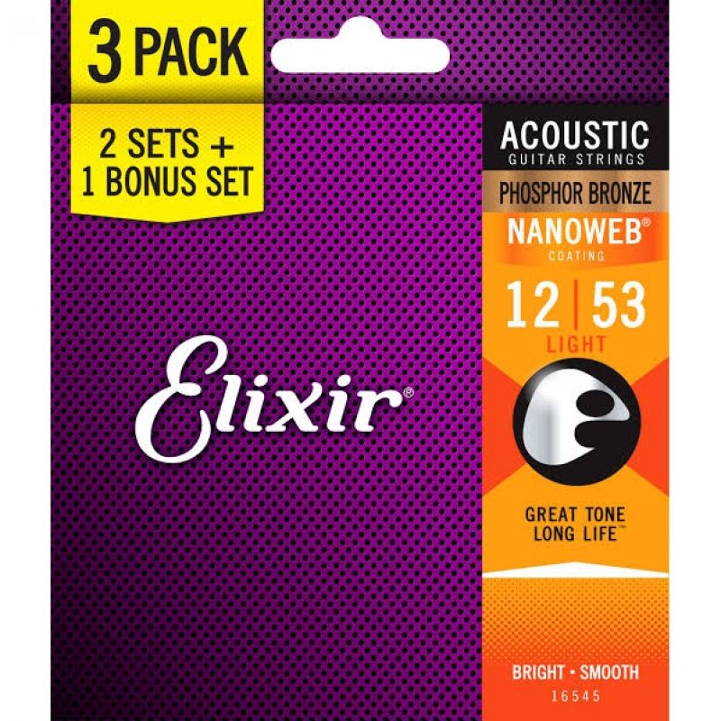 Elixir 16545 Nanoweb Phosphor Bronze 3'lü Akustik Gitar Teli (12-53) 1