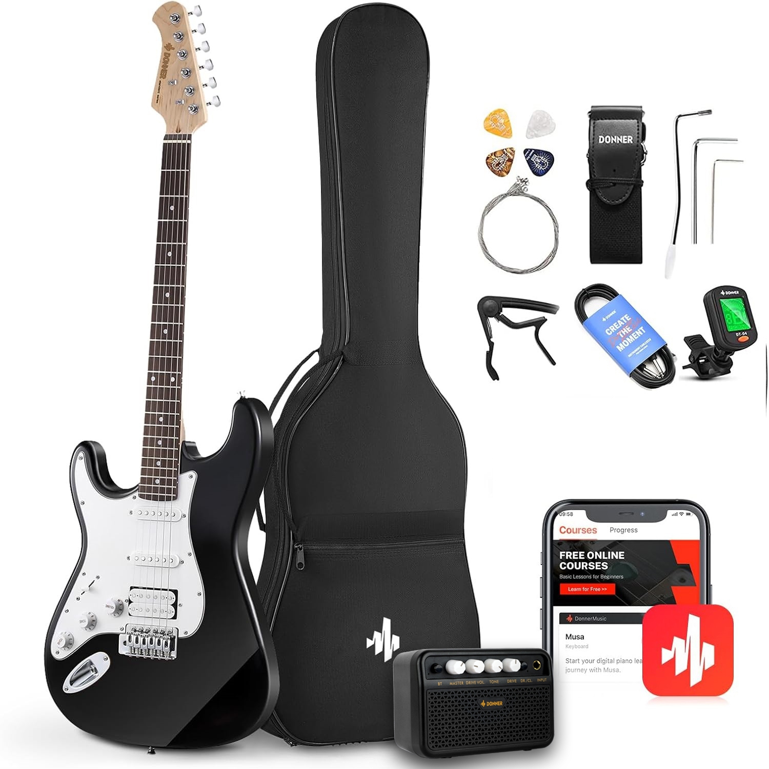 Donner DST-100BL Amfili Solak Elektro Gitar Seti (Siyah) 1