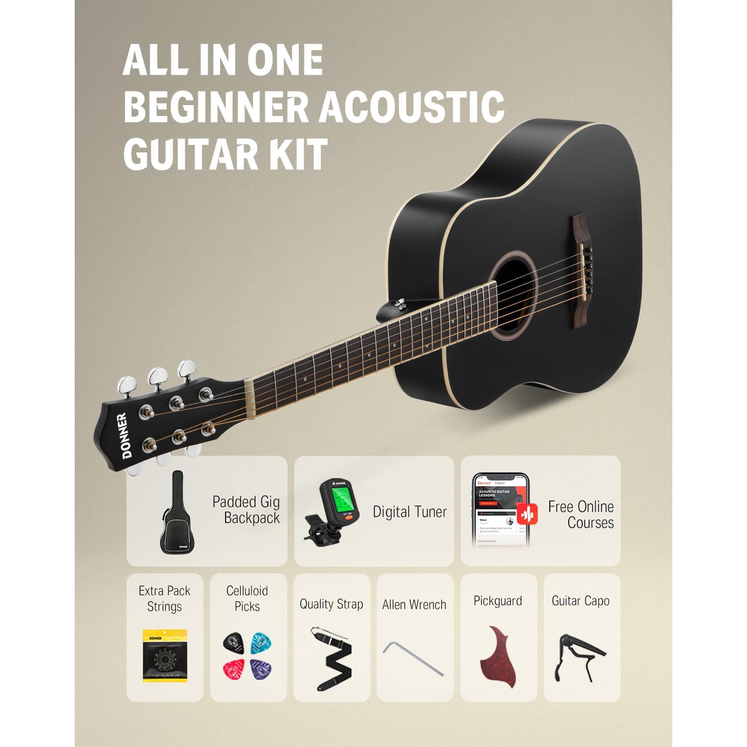Donner DAT-110D Dreadnought Travel Akustik Gitar Seti (Siyah) 4
