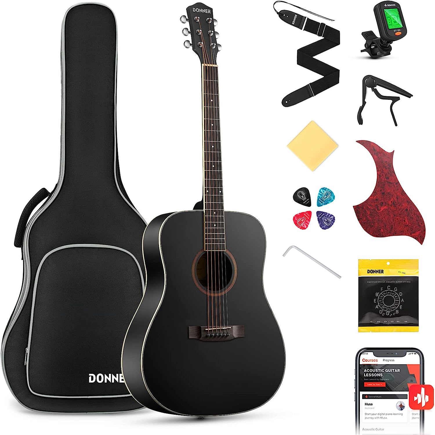 Donner DAG-1CB Dreadnaught Akustik Gitar Seti (Siyah) 1