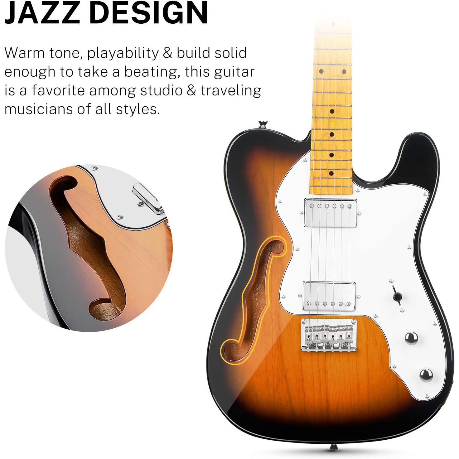 Donner DJC-1000S TL Thinline F Hole Elektro Gitar Paketi (Sunburst) 5
