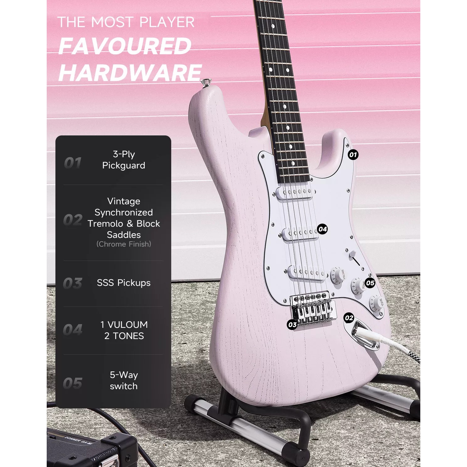Donner DST-80 ST Elektro Gitar Seti (Pembe) 3