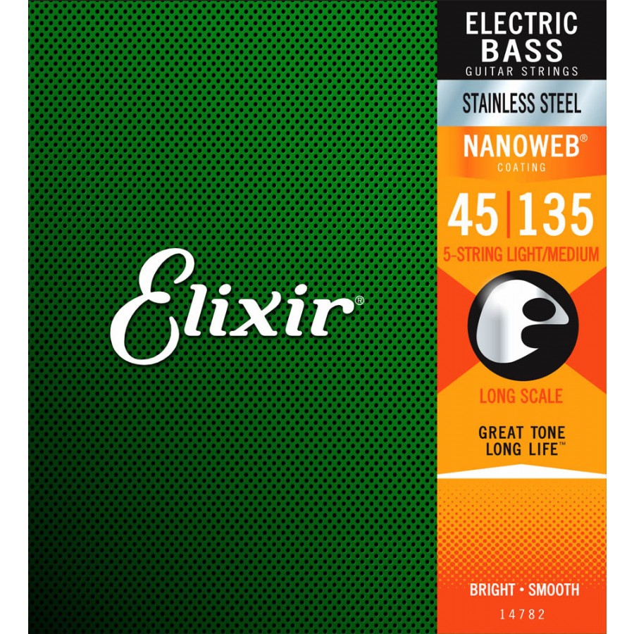 Elixir 14782 Stainless Steel Nanoweb Coated Light Medium 5 Telli Bas Gitar Teli (045-135) 1