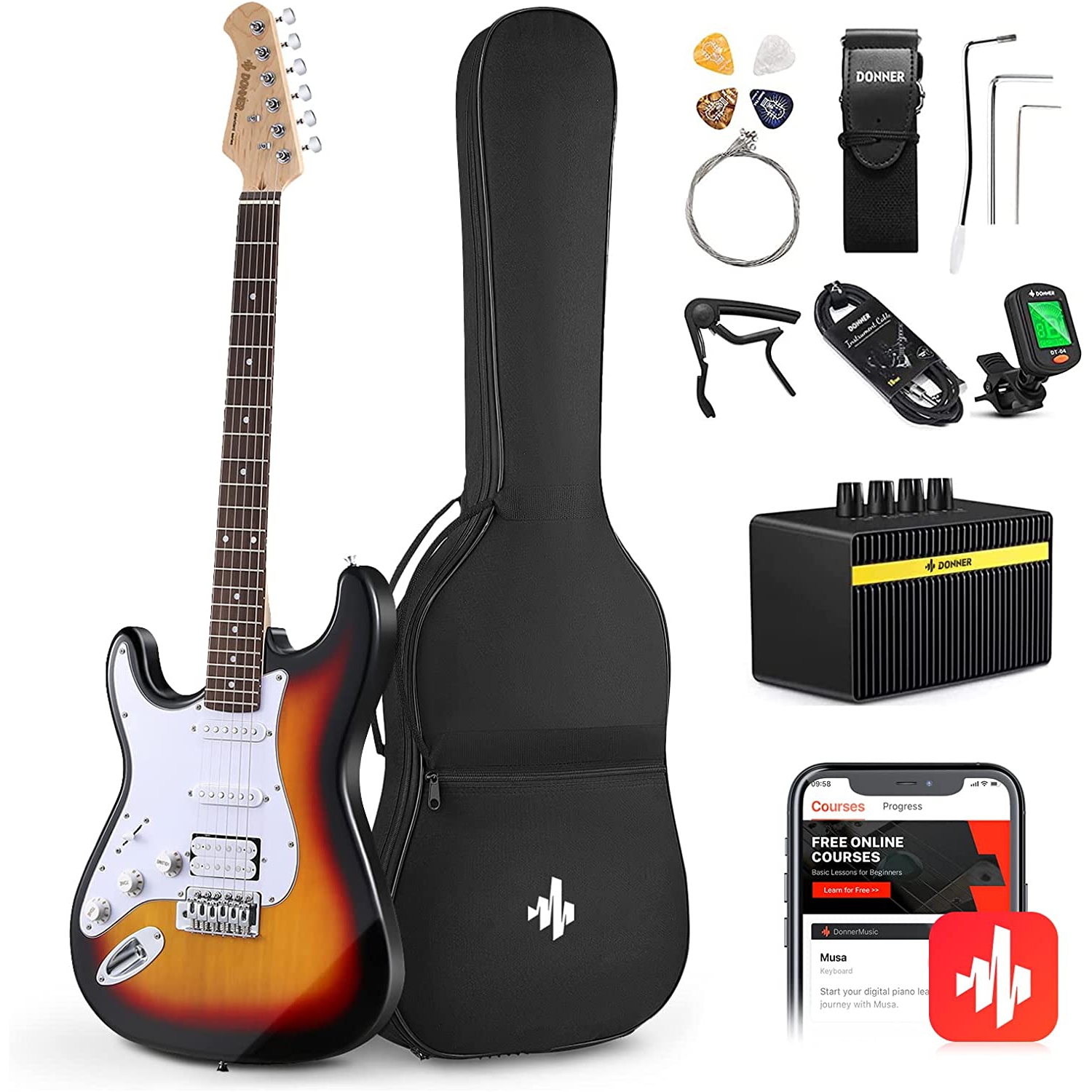 Donner DST-100SL Solak Elektro Gitar Seti (Sunburst) 1