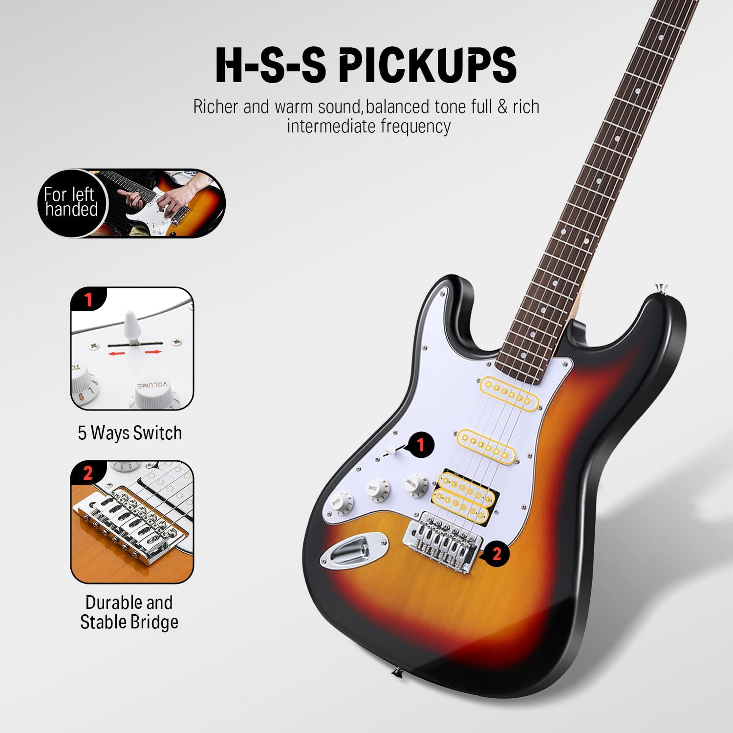 Donner DST-100SL Solak Elektro Gitar Seti (Sunburst) 2