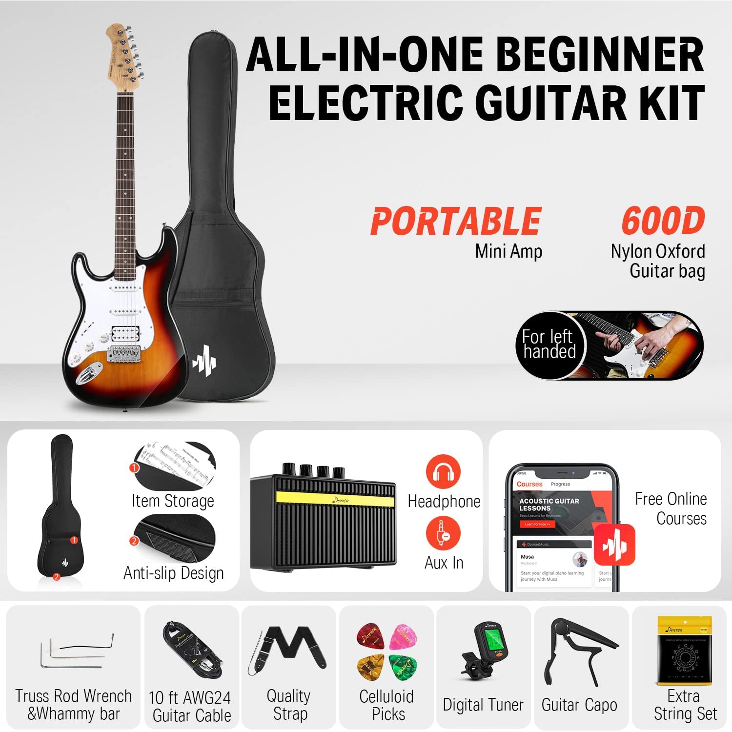Donner DST-100SL Solak Elektro Gitar Seti (Sunburst) 4