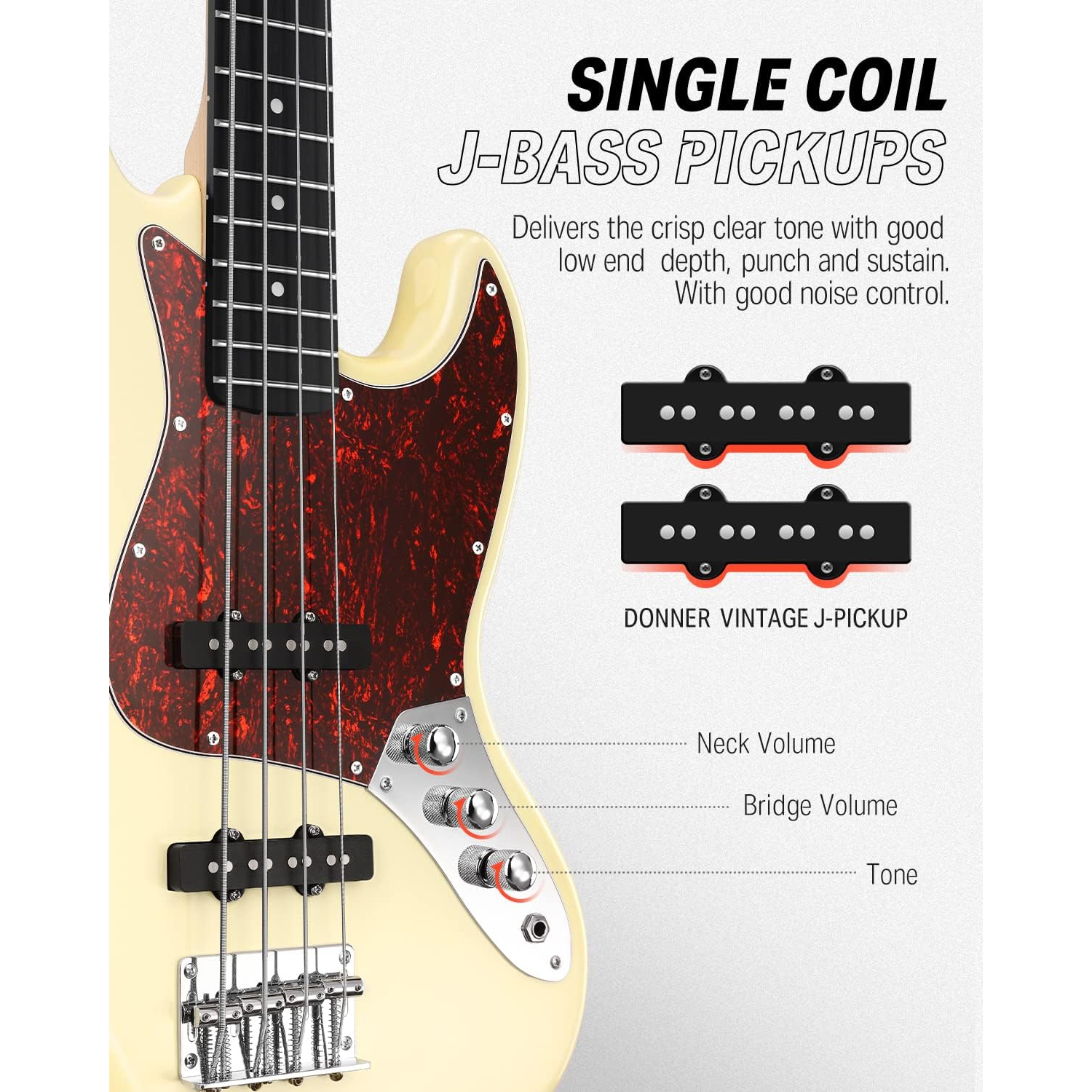 Donner DPB-510R JB-Style Bas Gitar (Vintage White) 2