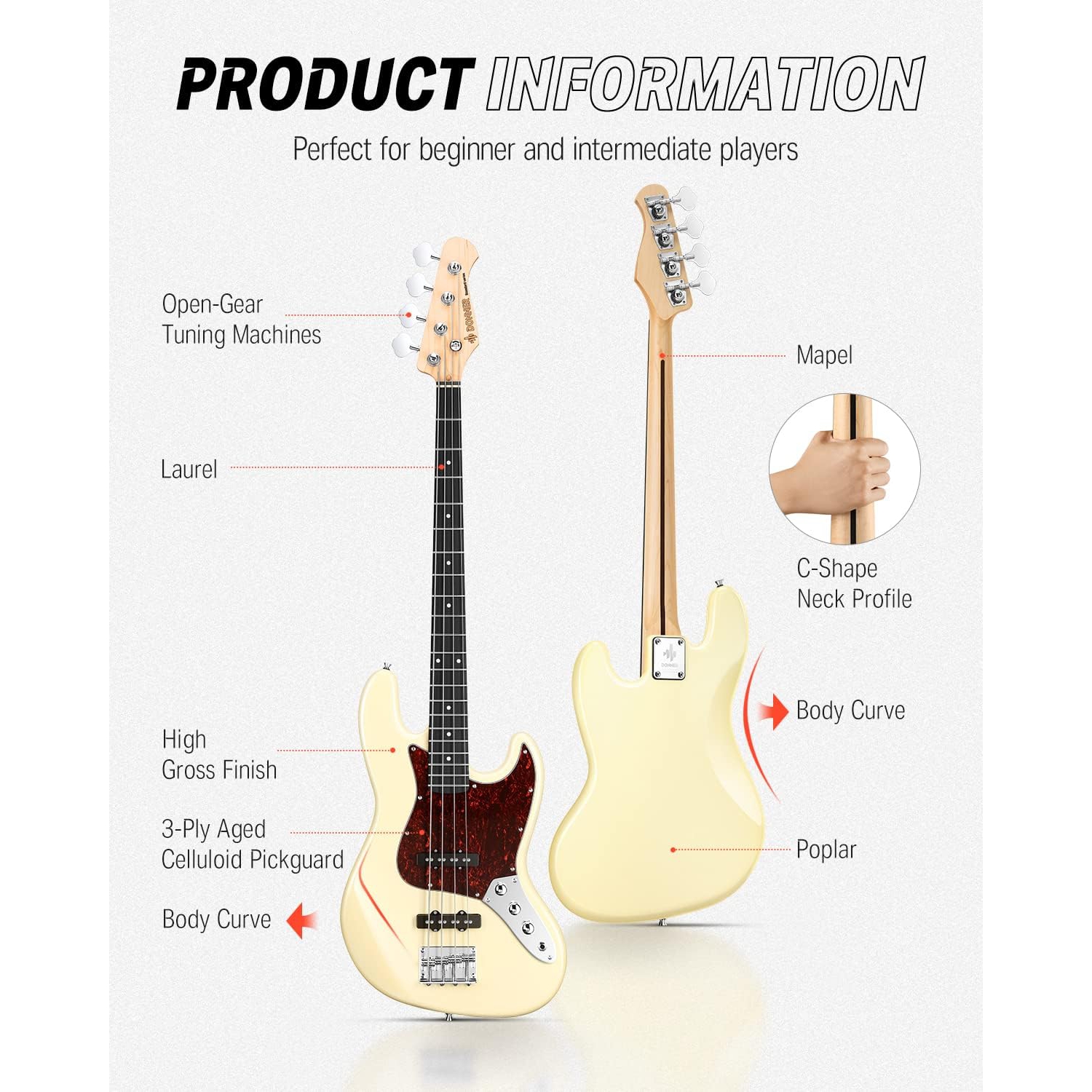 Donner DPB-510R JB-Style Bas Gitar (Vintage White) 5