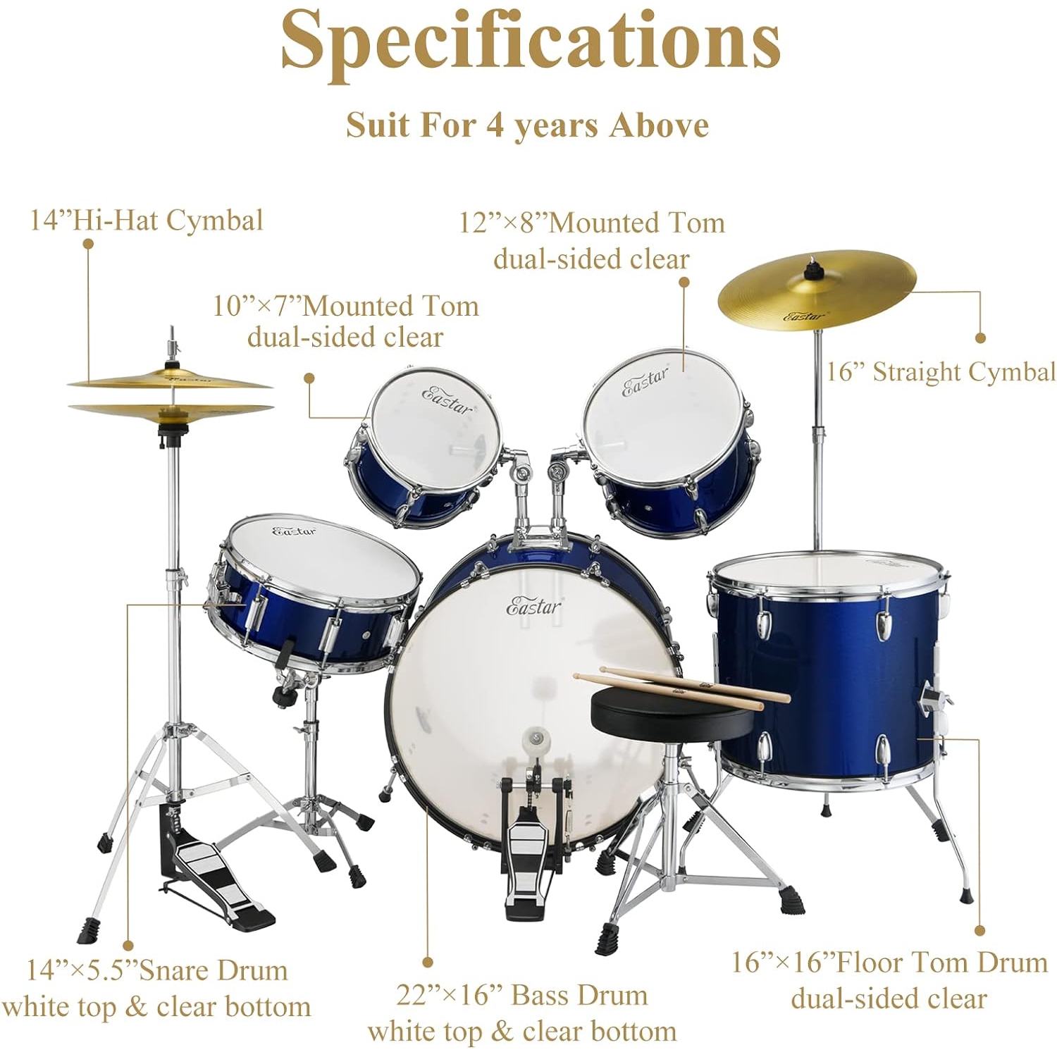Eastar EDS-480MBE 22" 5-Parça Akustik Davul (Metallic Blue) 2