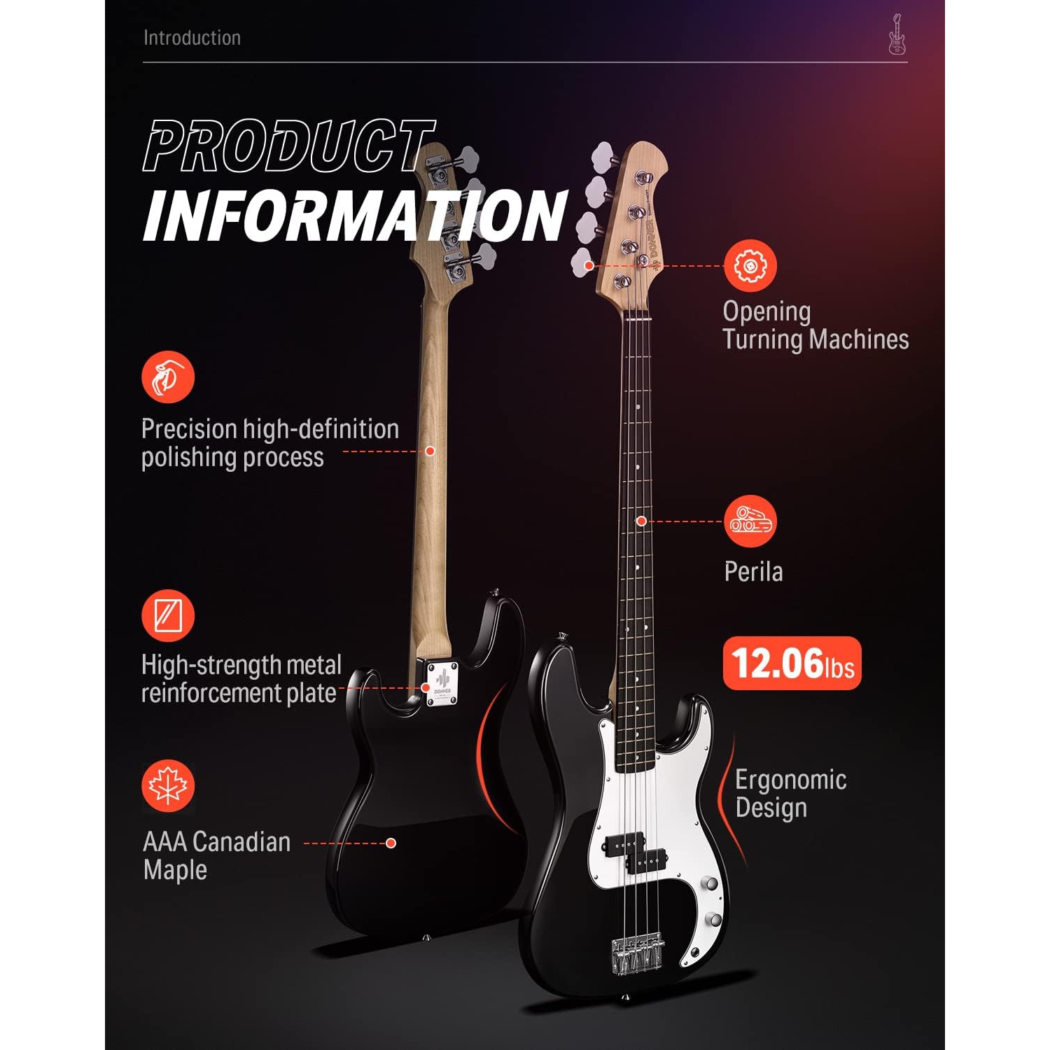 Donner DPB-510 PB-Style Bas Gitar Seti (Siyah) 4