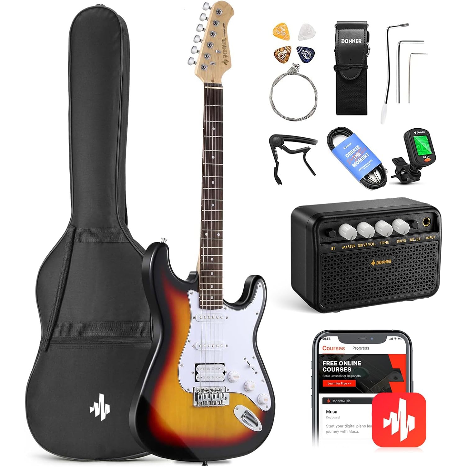 Donner DST-100S ST Elektro Gitar Seti (Sunburst) 1
