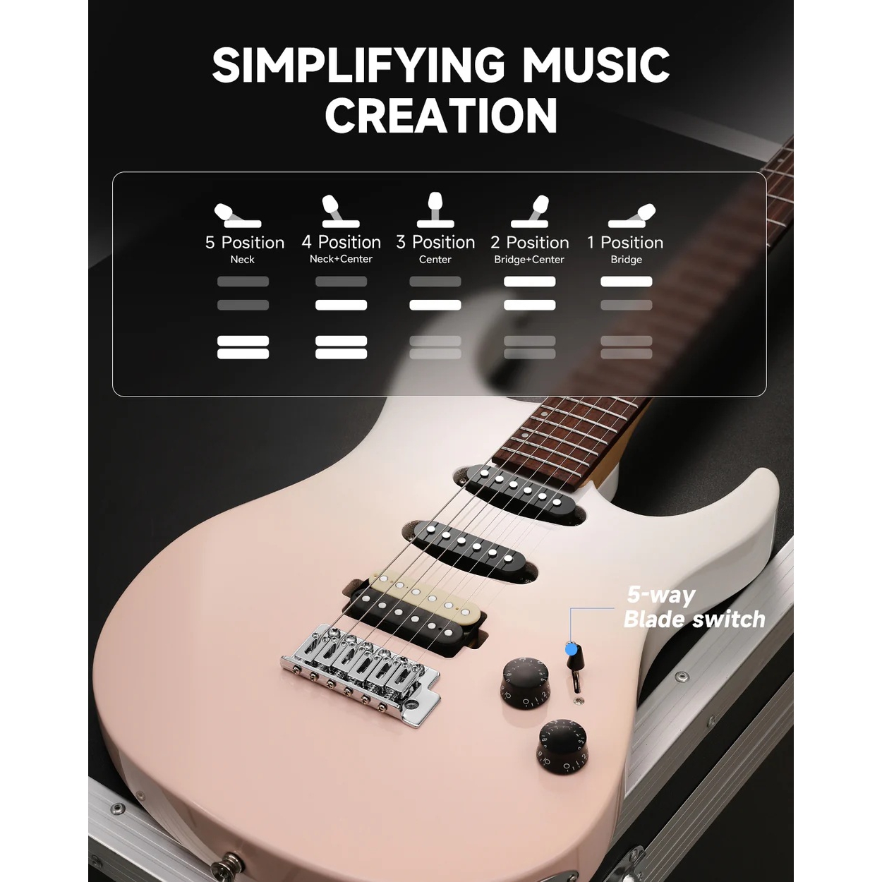 Donner DMT-66 Elektro Gitar (Pink-White Gradient) 8