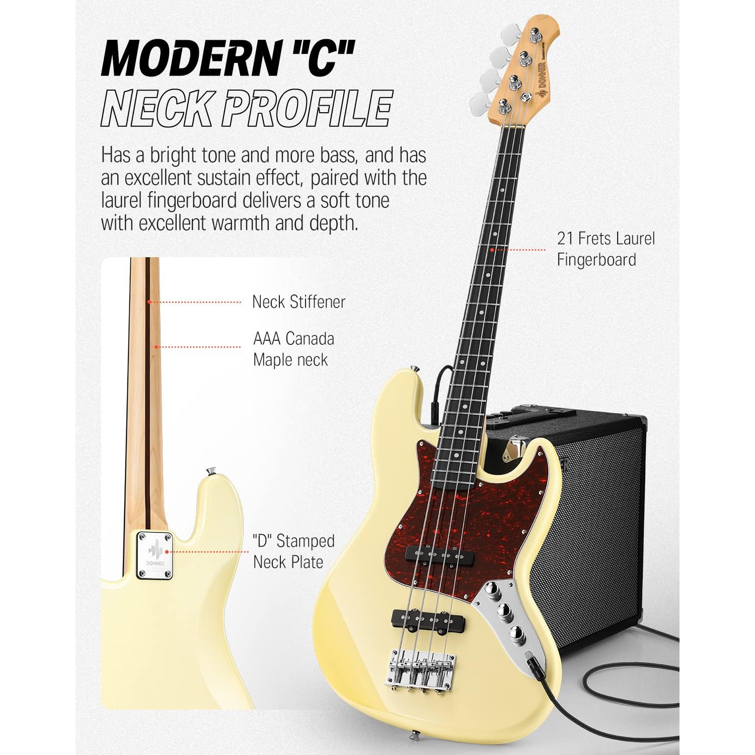 Donner DPB-510R JB-Style Bas Gitar (Vintage White) 7