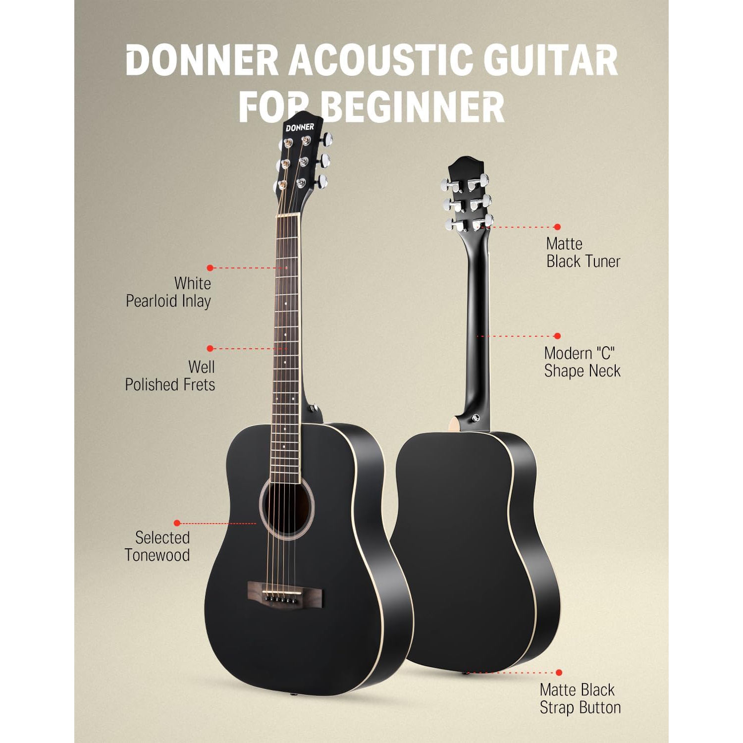 Donner DAT-110D Dreadnought Travel Akustik Gitar Seti (Siyah) 3