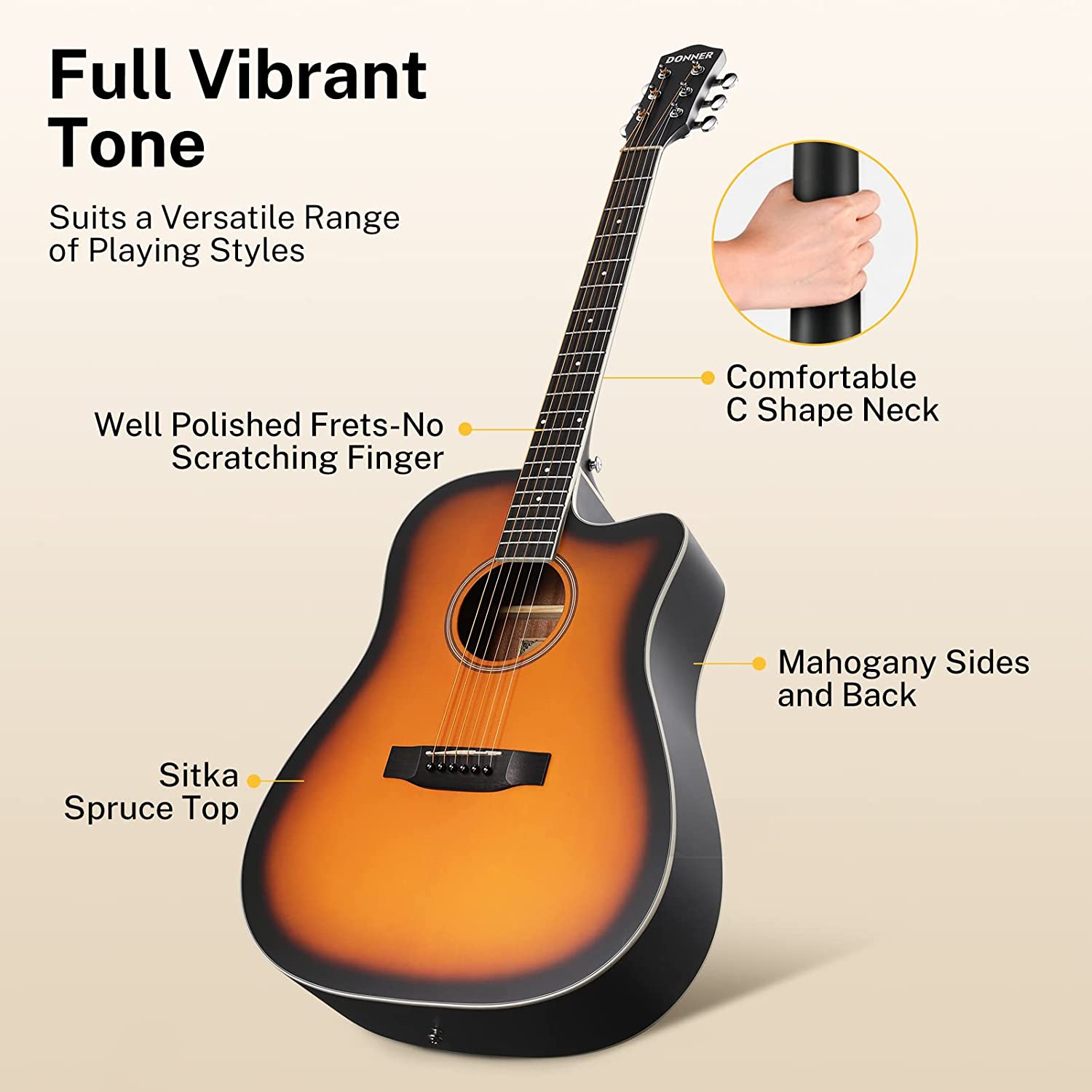 Donner DAG-1CS (EC1020) Cutaway Akustik Gitar Paketi (Sunburst) 3