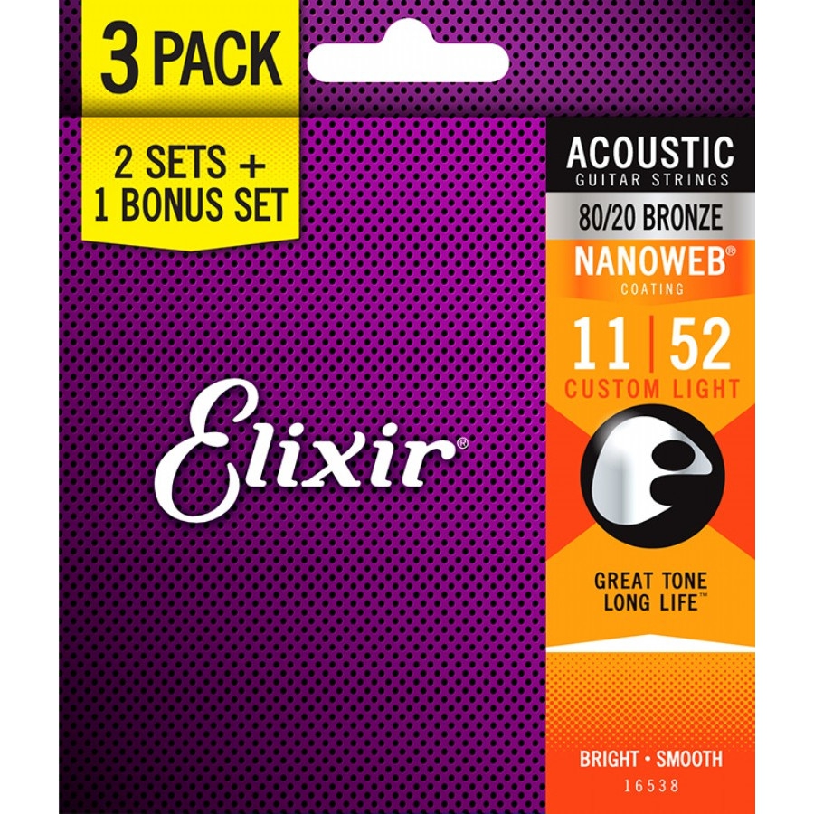 Elixir 16538 Nanoweb Bronz Light 3'lü Akustik Gitar Teli (11-52) 1