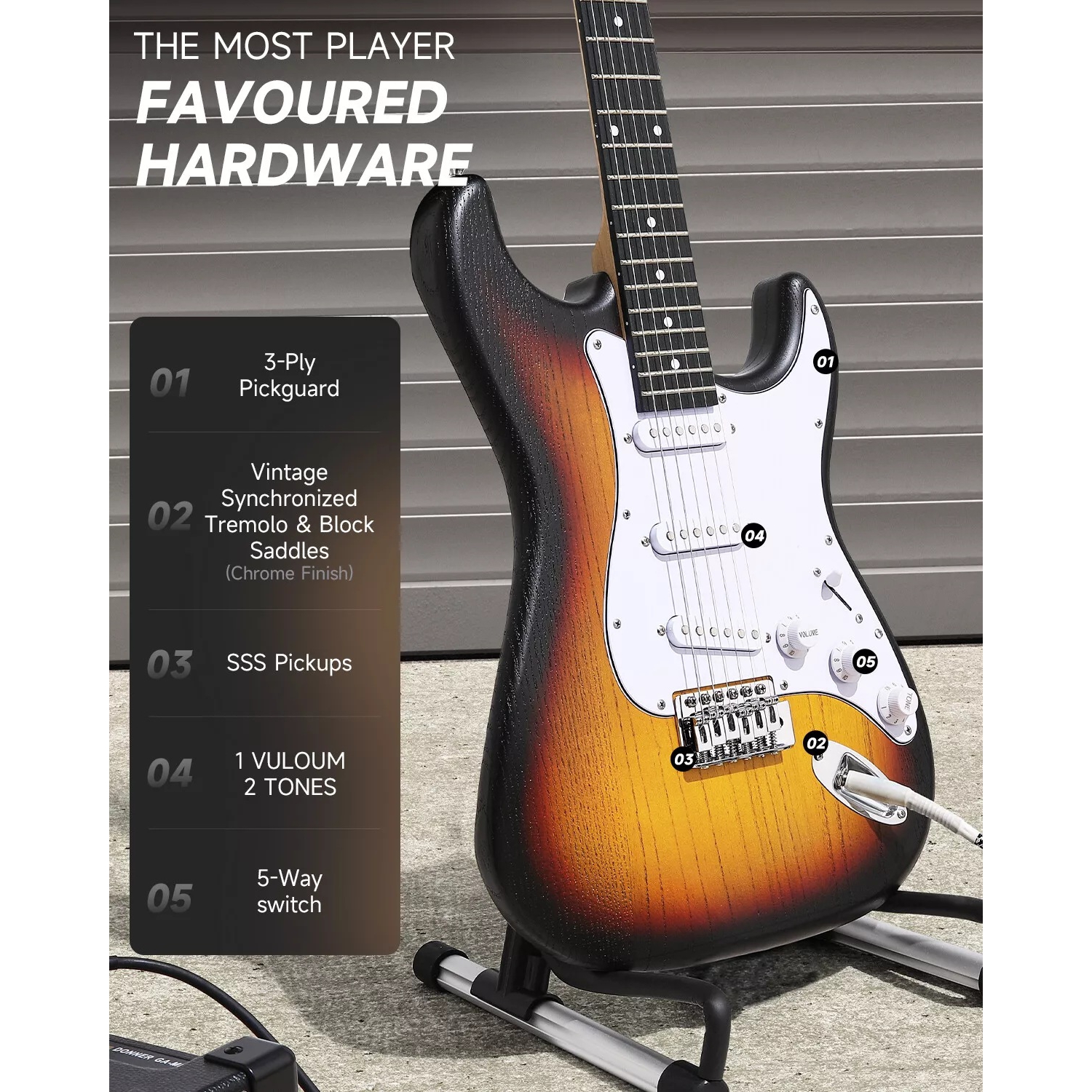 Donner DST-80 ST Elektro Gitar Seti (Sunburst) 3