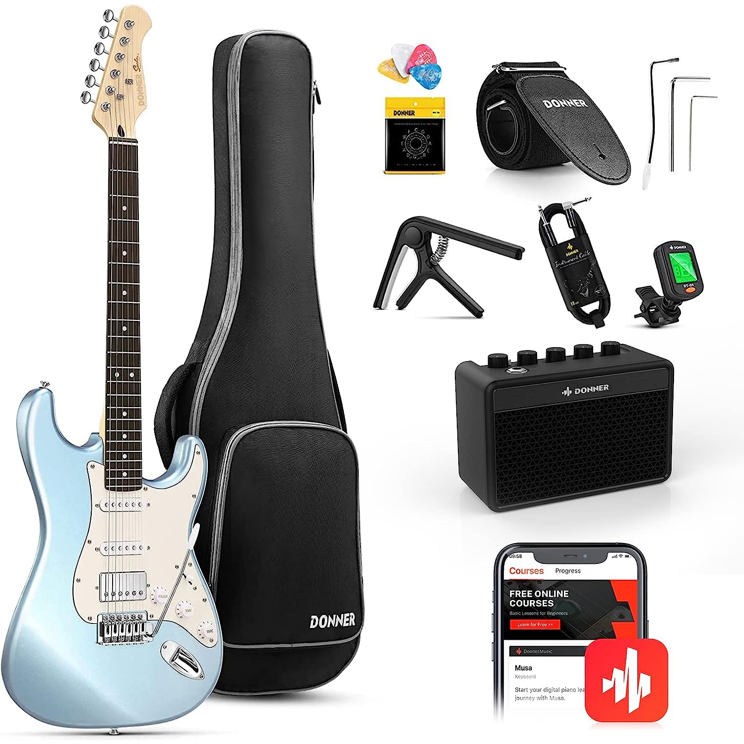 Donner DST-152R Elektro Gitar Seti (Metallic Ice Blue) 1