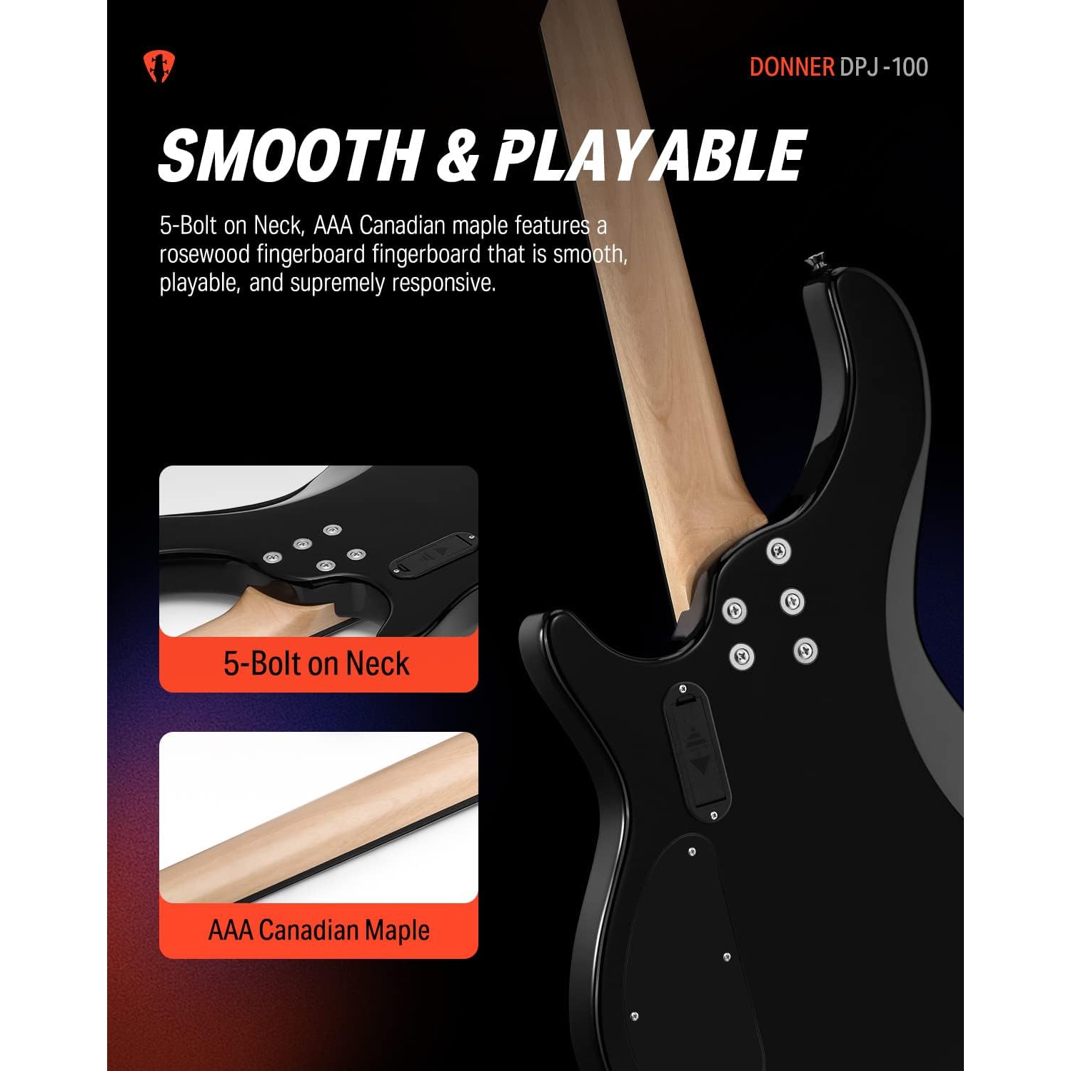 Donner DPJ-100 PJ-Style Bas Gitar (Siyah) 5