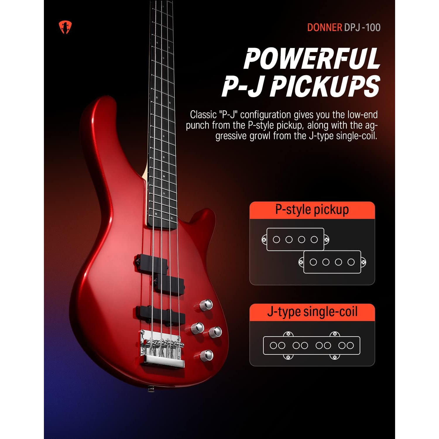 Donner DPJ-100 PJ-Style Bas Gitar (Kırmızı) 2