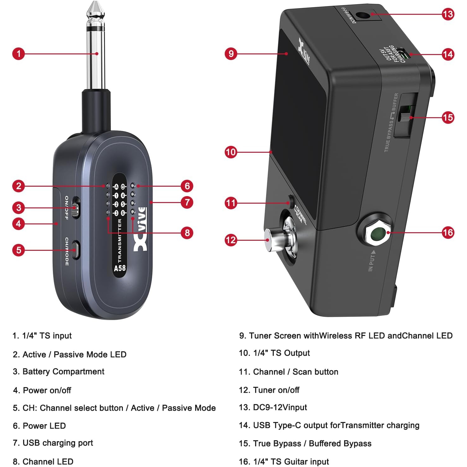 Xvive XV-P58 Akort Aletli Receiver Pedallı 5.8GHZ Kablosuz Gitar Bağlantı Sistemi - Siyah 7