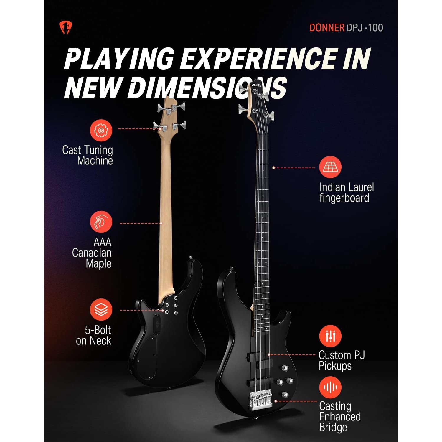 Donner DPJ-100 PJ-Style Bas Gitar (Siyah) 4