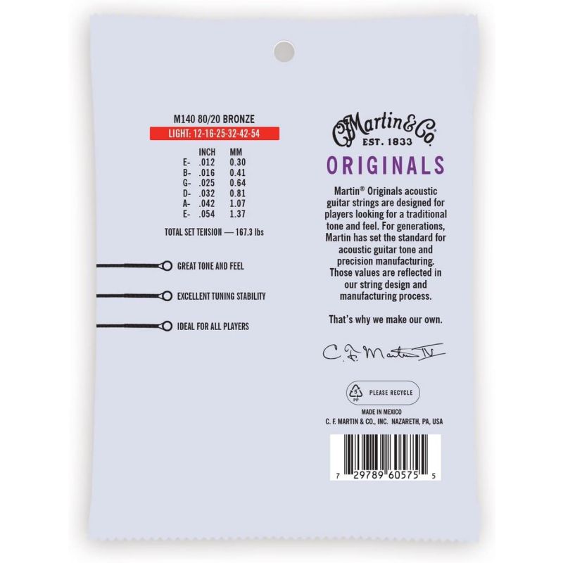 Martin Co M140 "Original M140" Bronze Akustik Gitar Teli Light 12-54 3