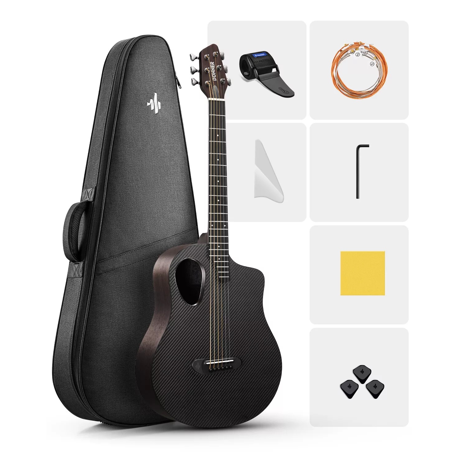 Donner RISING-G1 Carbon Fiber Akustik Gitar Seti (Parlak Siyah) 1