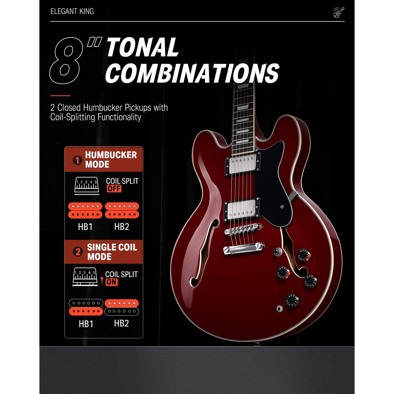 Donner DJP-1000 Semi-Hollow Elektro Gitar (Kırmızı) 4